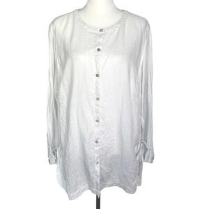 J.JILL Womens 2X White 100% Linen White Long Sleeve Button Up Side Tie Tunic Top